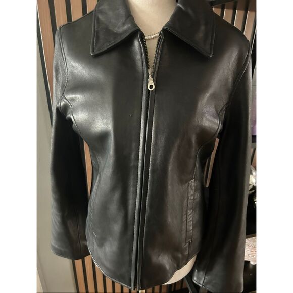 Montana & Rossi black leather jacket with a black faux fur lining real soft sz M - Picture 1 of 11